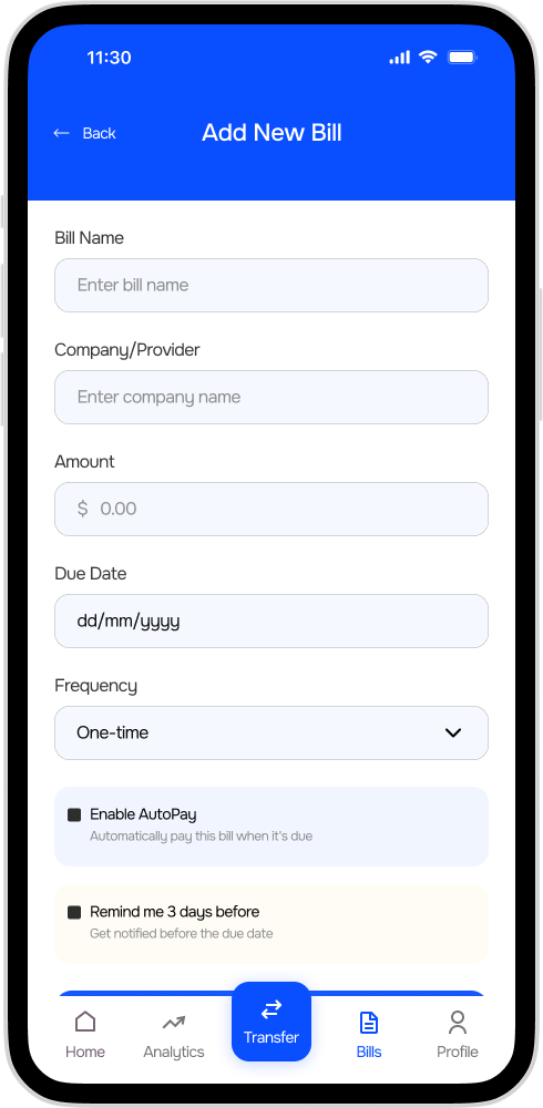 SecureBank Add New Bill Screen