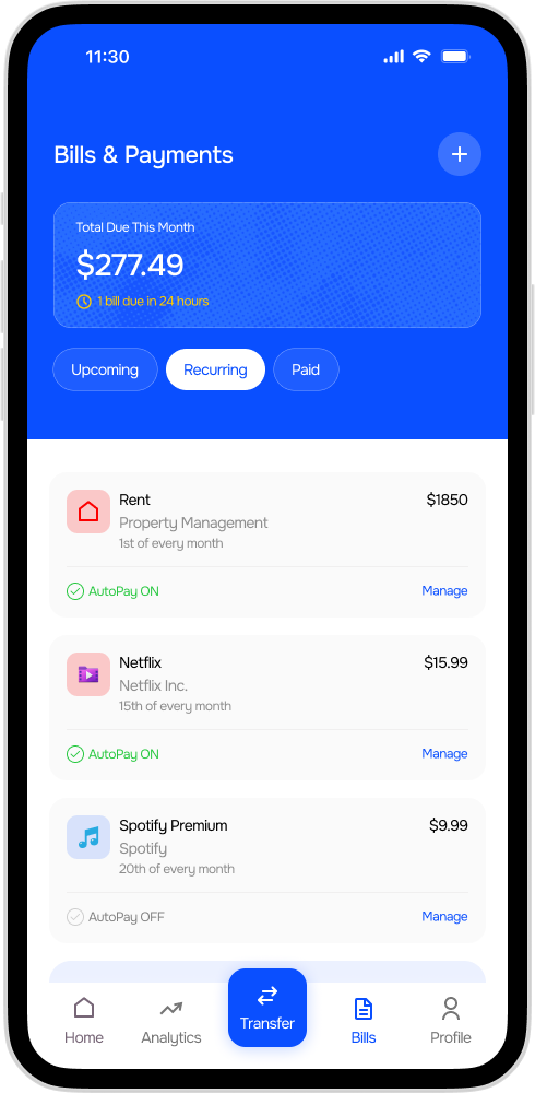 SecureBank Recurring Payment Screen