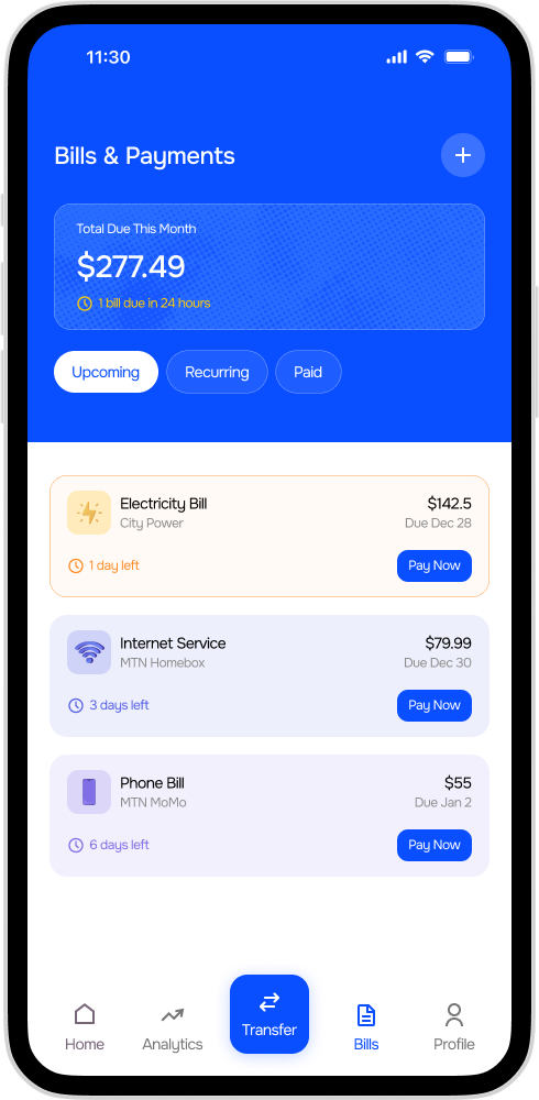 SecureBank Upcoming Bill Payment Screen